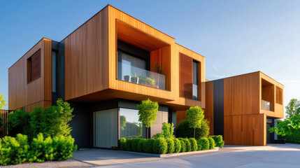 Modern modular private townhouses with wooden cladding, residential architecture exterior concept in late afternoon or morning shot.