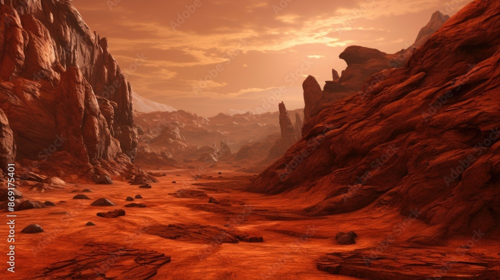Poster a vast and desolate landscape of mars with a large canyon in the foreground.