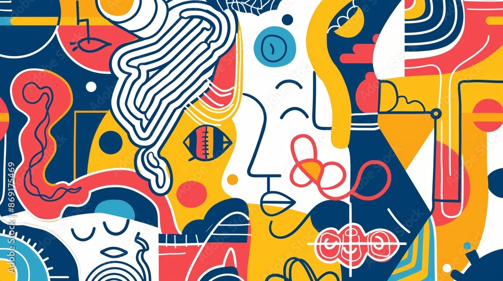 Poster abstract geometric pattern with faces and shapes in vibrant colors