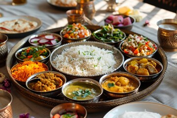 An elaborate spread of various Indian dishes, showcasing rich colors and diverse ingredients.