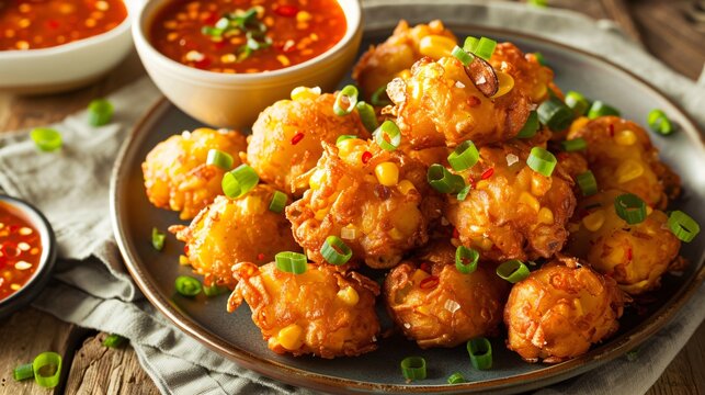A plate of golden-brown corn fritters, served with a spicy dipping sauce and garnished with chopped green onions