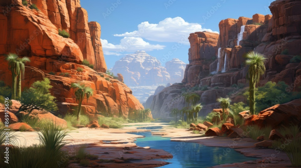 Poster an oasis in the middle of a desert canyon. the oasis is surrounded by palm trees and has a river run