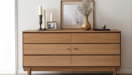 A wooden chest of drawers in a modern interior stands against a white wall. Home decor paraphernalia candles stand on a chest of drawers in the living room.