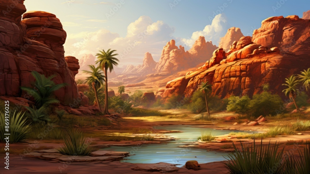 Poster an oasis in the middle of a desert with a river running through it and palm trees growing on the ban