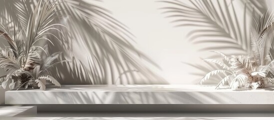 Abstract geometric wall background with floral and palm leaf shadows overlaid on a white table. Gray studio backdrop for product display in a 3-dimensional room with space for text. Concept of summer.