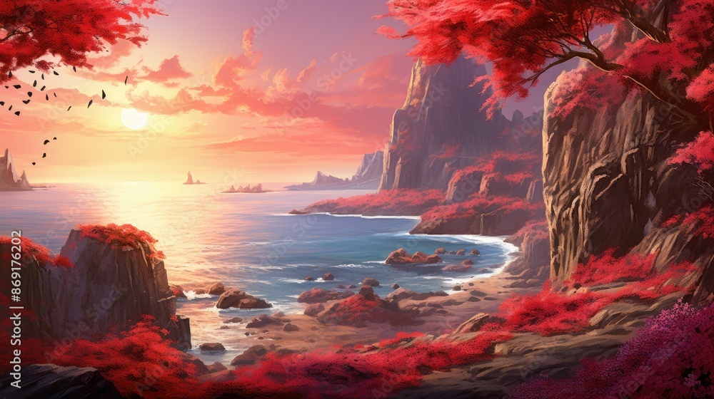 Poster a beautiful landscape with a red tree in the foreground and a mountain range in the background.