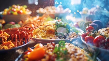 Delicious Lobster and Assorted Seafood Dishes on a Rustic Table with Fresh Ingredients