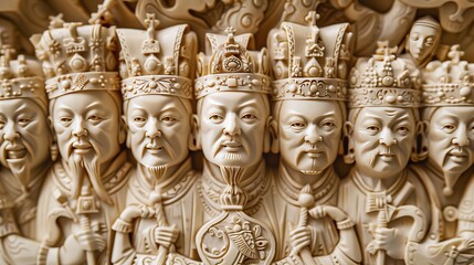 An intricate ivory carving shows a royal procession, capturing faces with precise, exquisite craftsmanship.