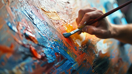 An artist's hands painting vibrant strokes on a canvas in artistic process in workshop