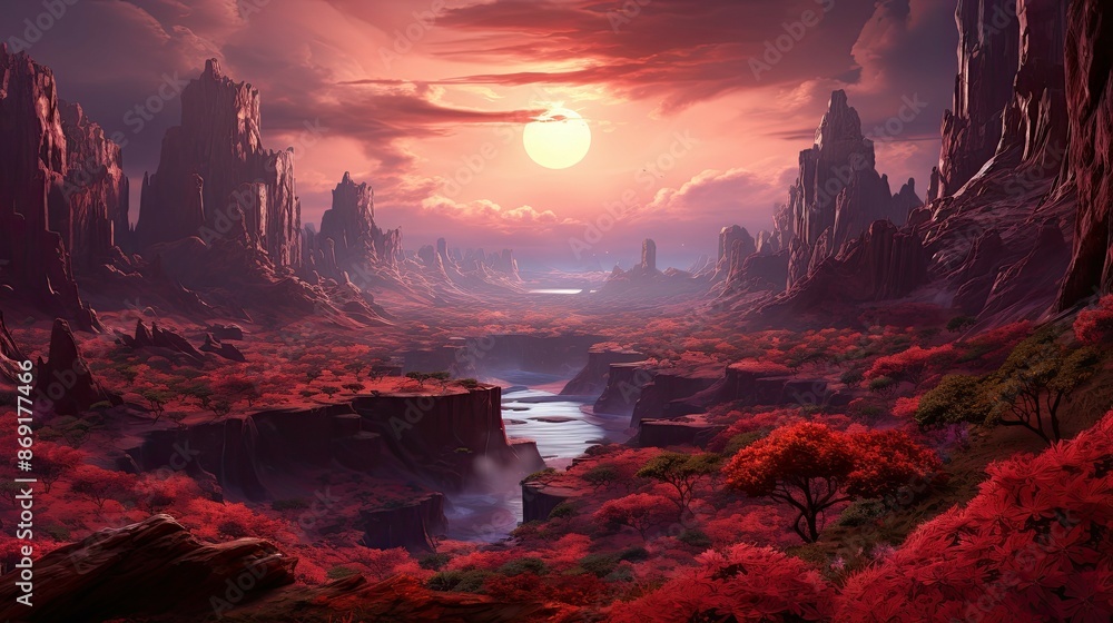 Poster a beautiful landscape image of a canyon with a river running through it.