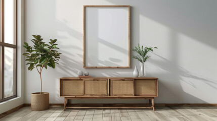 create stunning poster mockups with a blank frame on a white living room wall