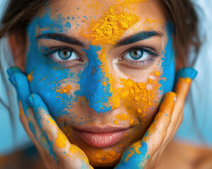 Woman with Colorful Powder on her Hands and Face Celebrating Holi Festival, Vibrant Festive Joy Captured in Beautiful Portrait Photography for Cultural and Artistic Appreciation