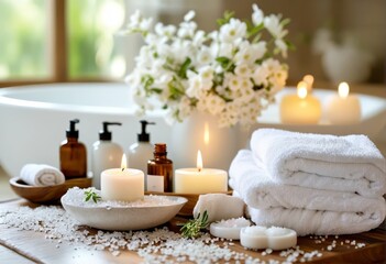 Spa background towel bathroom white luxury concept massage candle bath. Relax aromatherapy flower accessory zen therapy aroma beauty setting table salt oil