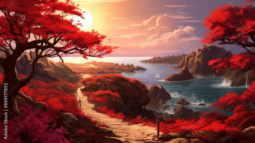 Poster a beautiful landscape with a red tree in the foreground. the sun is setting over the ocean, casting 