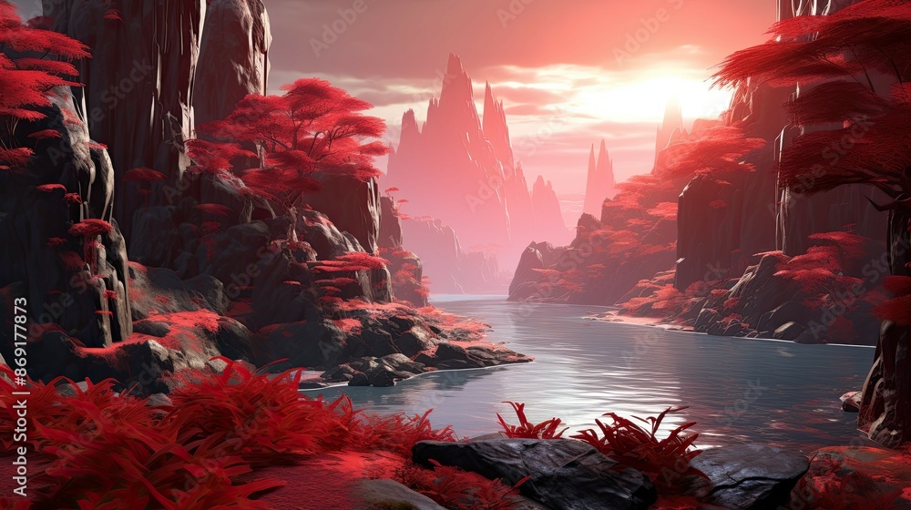Poster a beautiful landscape with a river running through it. the cliffs are a deep red color and the trees