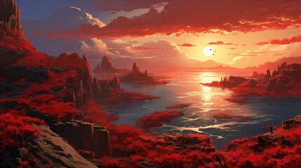 Fototapeta premium A beautiful landscape painting of a lake in the mountains. The sky is a deep orange and the sun is setting over the horizon.