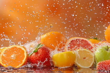 Multivitamin water wave splash with orange fruit generate AI