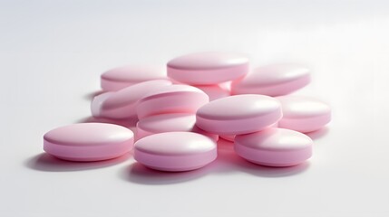 Close-up of biotin tablet, light pink, smooth surface, small round shape, solid light gray background