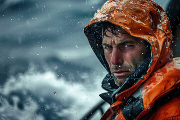 AI generated photo of mature man rescuer in raincoat swimming on a boat in the middle of a stormy sea