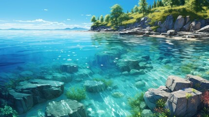 Tranquil seascape with crystal clear water, rocky shore, and lush greenery.