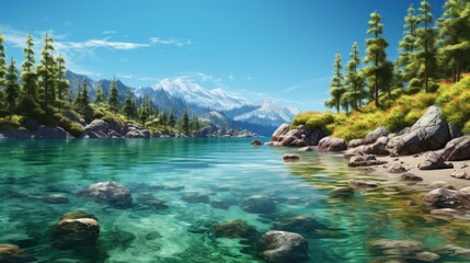 The crystal clear water of the lake reflects the beauty of the surrounding mountains.