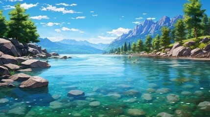 The image is of a beautiful landscape with a lake, mountains, and trees. The water is crystal clear and reflects the sky above.