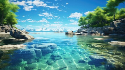Obraz premium Amazing crystal clear water of mountain lake with rocks and trees on the shore and snow capped mountains in the distance.