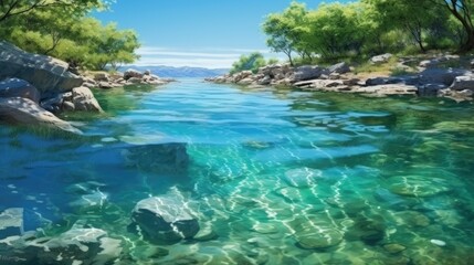 Amazing crystal clear water of a mountain river flowing through the rocks in a beautiful summer day.