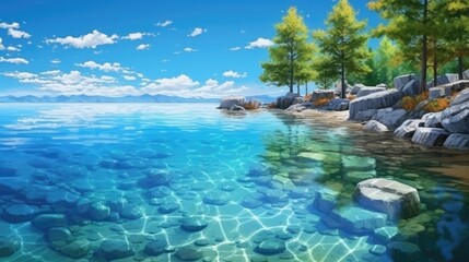 Obraz premium Tranquil lake with crystal clear water, smooth polished rocks on the shore, and lush green trees in the background.