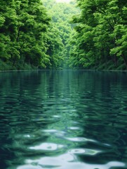 Obraz premium Tranquil river reflection, holographic water surface, peaceful landscape, serene environment