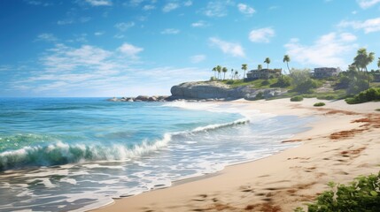 Amazing beach landscape with white sand and palm trees.