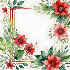 Watercolor floral geometric shape frame with red flowers and green leaves on white background. 