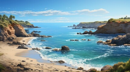 Beautiful landscape with a rocky beach and a blue ocean. The sun is shining and there are some clouds in the sky.