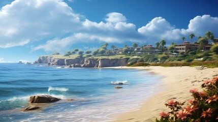 Obraz premium Amazing view of a tropical beach with white sand, palm trees, and blue water. The perfect place to relax and enjoy the sun.