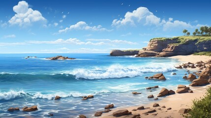 Beautiful summer landscape with a beach, rocks, palm trees, and the ocean. The sky is blue and cloudy, and the water is a deep blue and crystal clear.