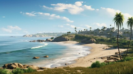 Fototapeta premium Amazing view of a tropical beach with white sand, palm trees, and crystal clear water. The perfect place to relax and enjoy the sun.