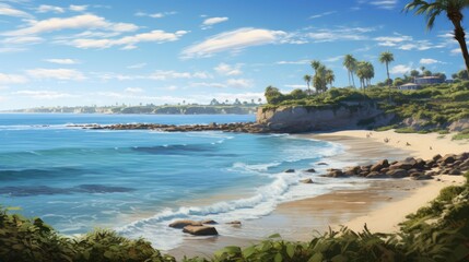 Obraz premium Amazing view of a beautiful beach with white sand and blue water. There are palm trees and green vegetation on the shore.