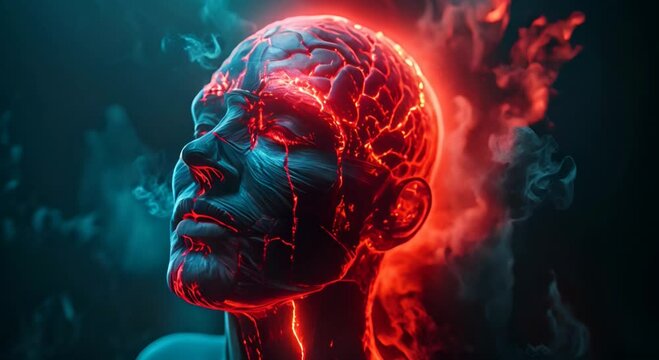 3D rendering of a human head with glowing headache regions, featuring realistic red highlights and digital art focusing on pain