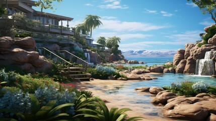 Fototapeta premium Amazing modern house with pool and tropical garden. The house is located on a rocky coast with a beautiful view of the sea.