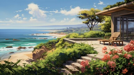 Fototapeta premium A beautiful coastal landscape with a view of the ocean. A modern house with a terrace is located on a cliff.