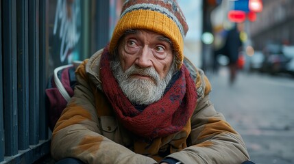 Elderly Homeless Man in Yellow Beanie
