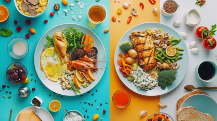 Healthy Breakfast with Lobster, Fresh Salad, and Omelette on Blue Plates