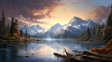 The image is of a beautiful landscape with a lake, mountains, and trees.