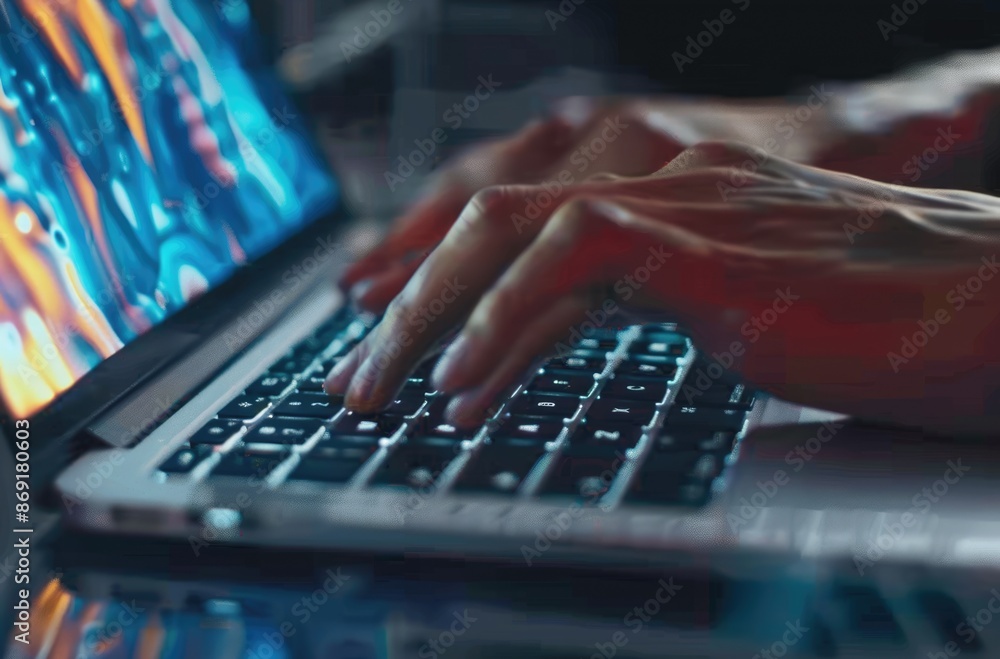 Poster closeup image of hands typing on a laptop keyboard with ambient lighting, illustrating computer work