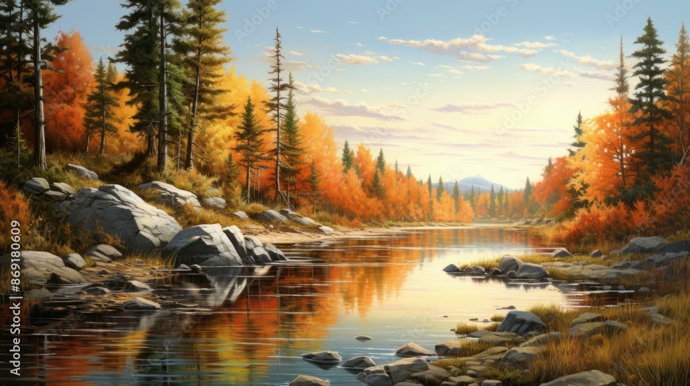 Poster the image is of a beautiful landscape with a river running through it. the trees are in full bloom a