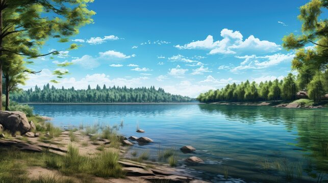 Tranquil lake and trees landscape. The sun is shining through the fluffy white clouds. Green trees and blue water. Rocky shore and sandy beach.