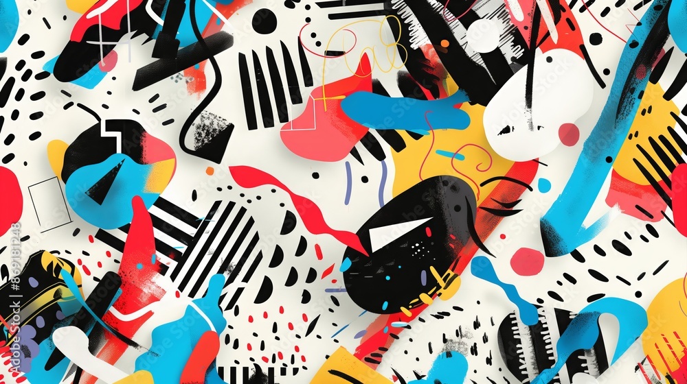Poster a vibrant abstract background with white, black, and colorful elements in an intricate, non-seamless