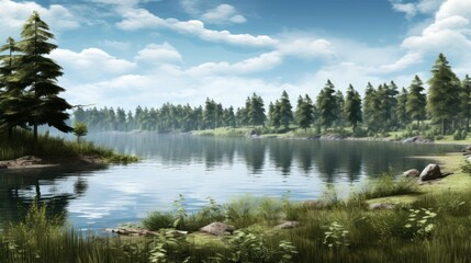 Fototapeta premium The image is of a beautiful lake in the mountains. The water is calm and clear, and the sky is blue with fluffy white clouds.
