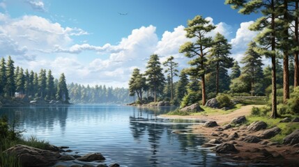 The sun shines through the trees onto a peaceful lake. The water is calm and still, reflecting the sky above.