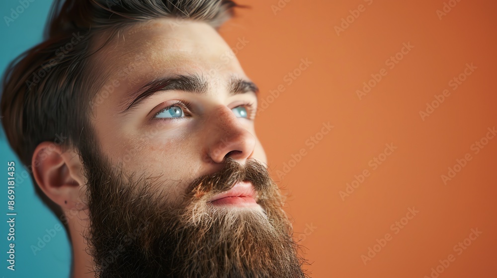 Wall mural A portrait of a man looking up with a beard.